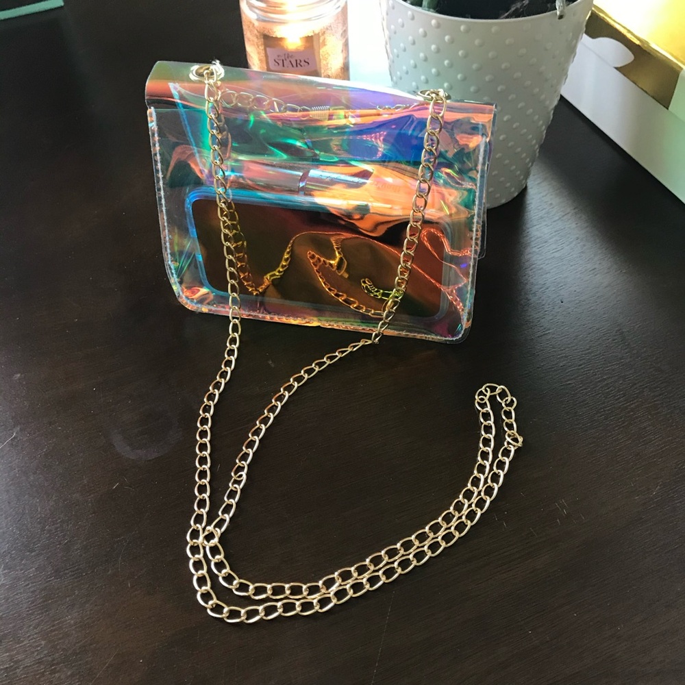 Clear Iridescent Purse w Gold Chain
